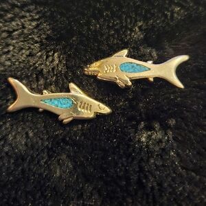 Silver Stud Shark Fish Earrings Turquiose Piercing Jewelry
